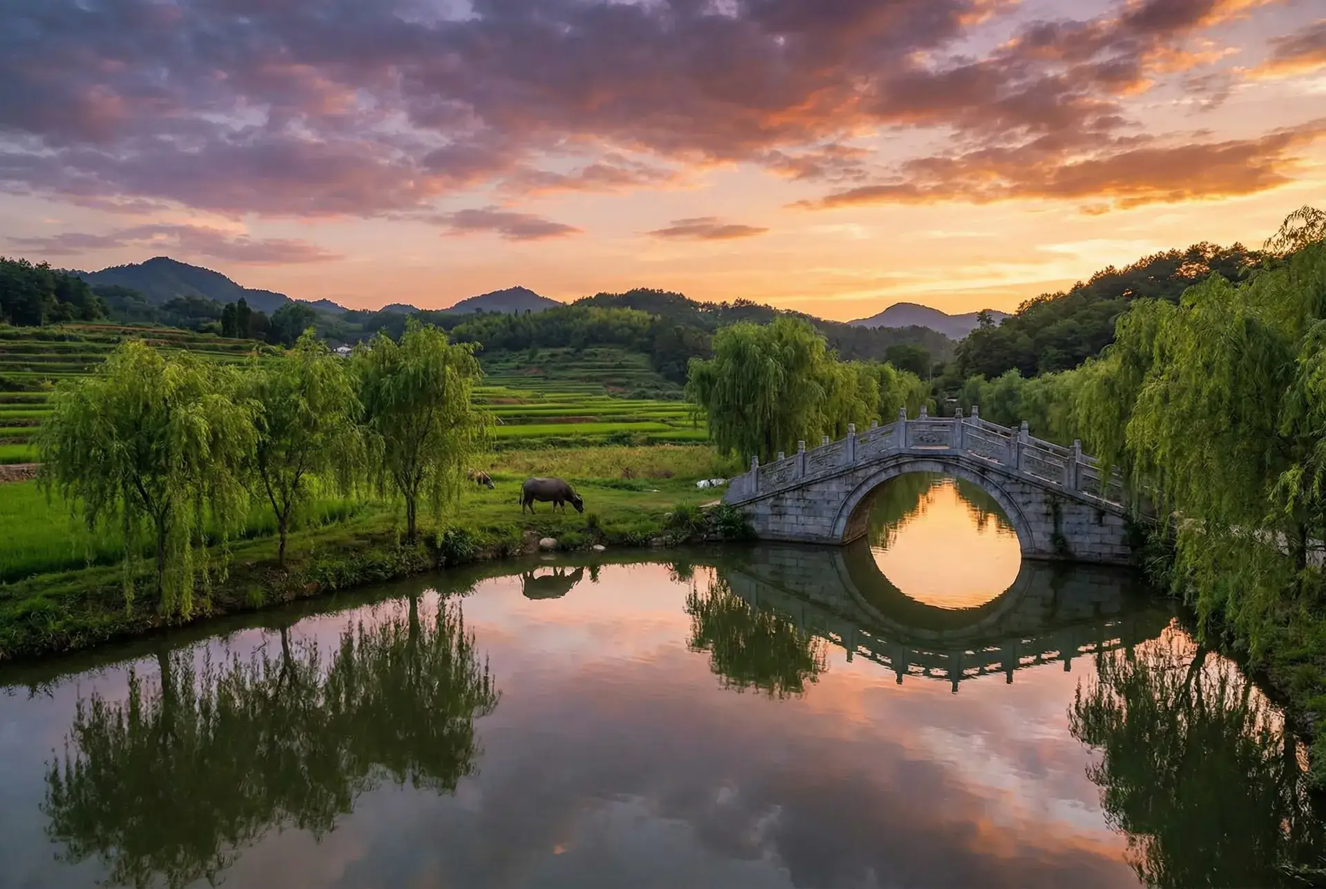 夕阳下的石拱桥与垂柳，水牛在河边吃草 - 女性裸图 乡村美景