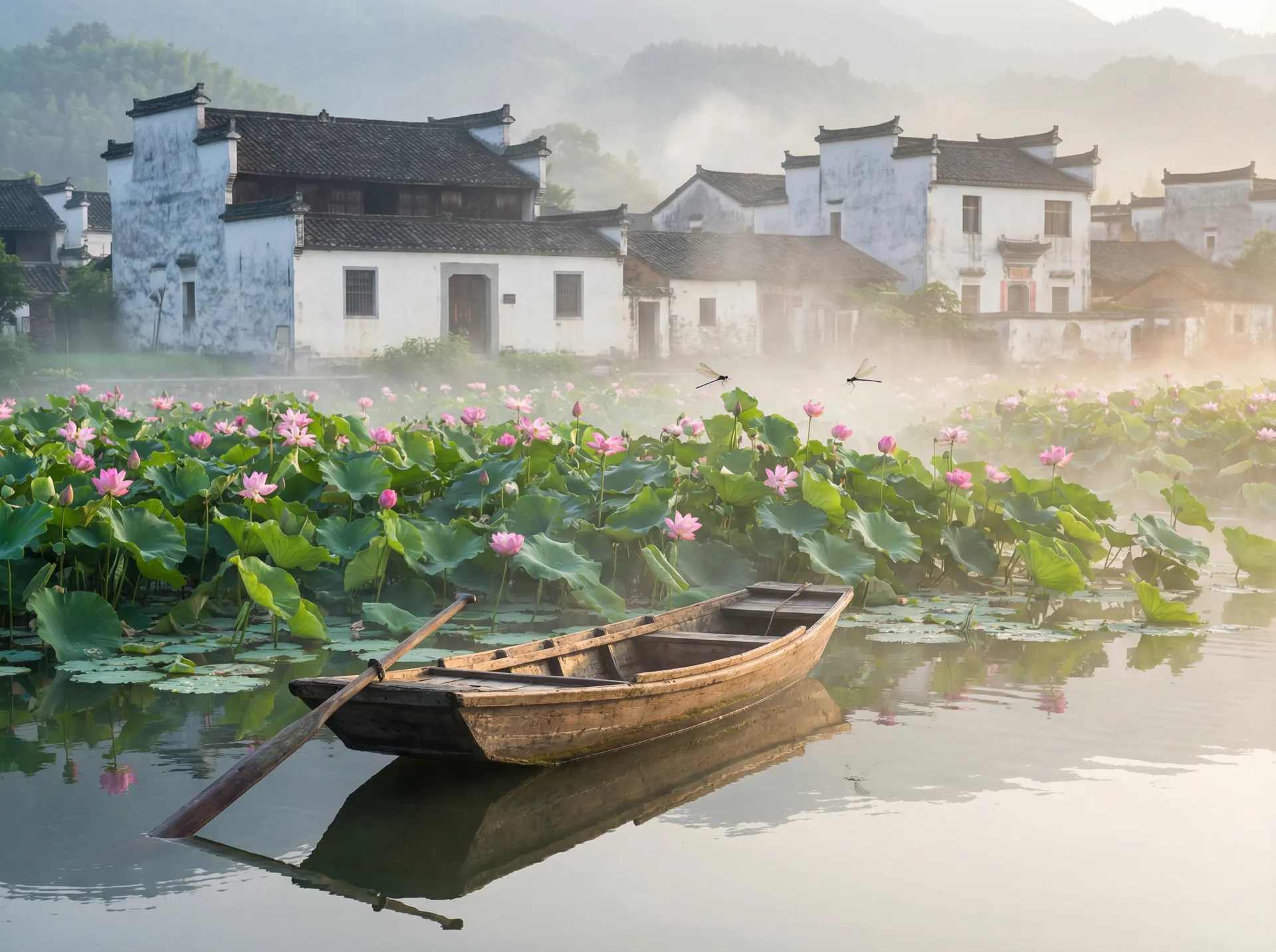 清晨荷塘小舟，粉色荷花盛开，白墙黑瓦的村庄 - 女性裸图 水乡风情